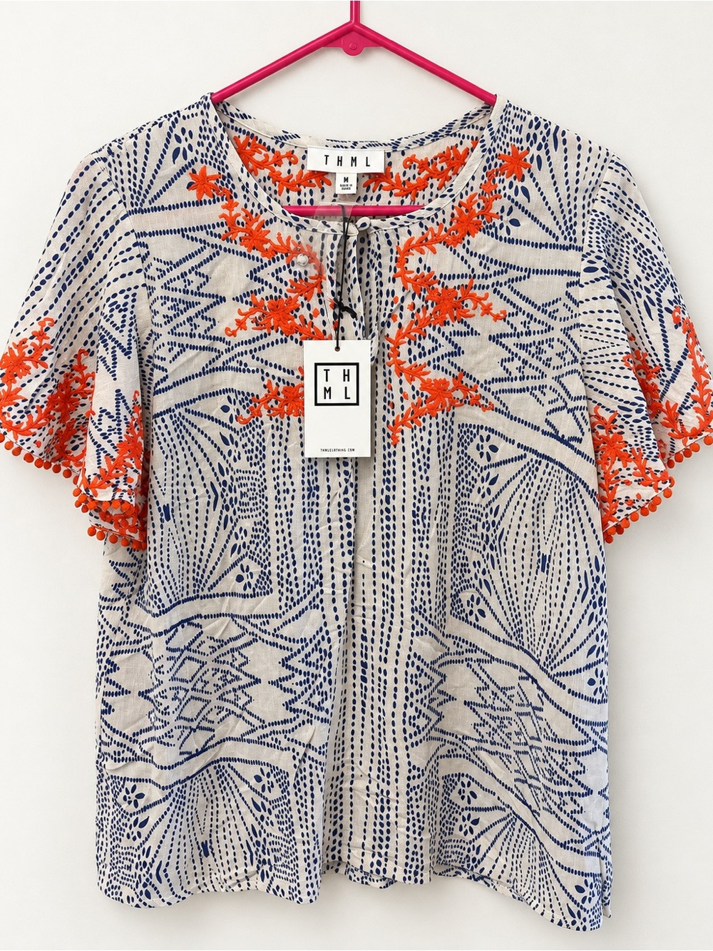 THML Cream Top with Navy Print and Orange Eyelet Trim